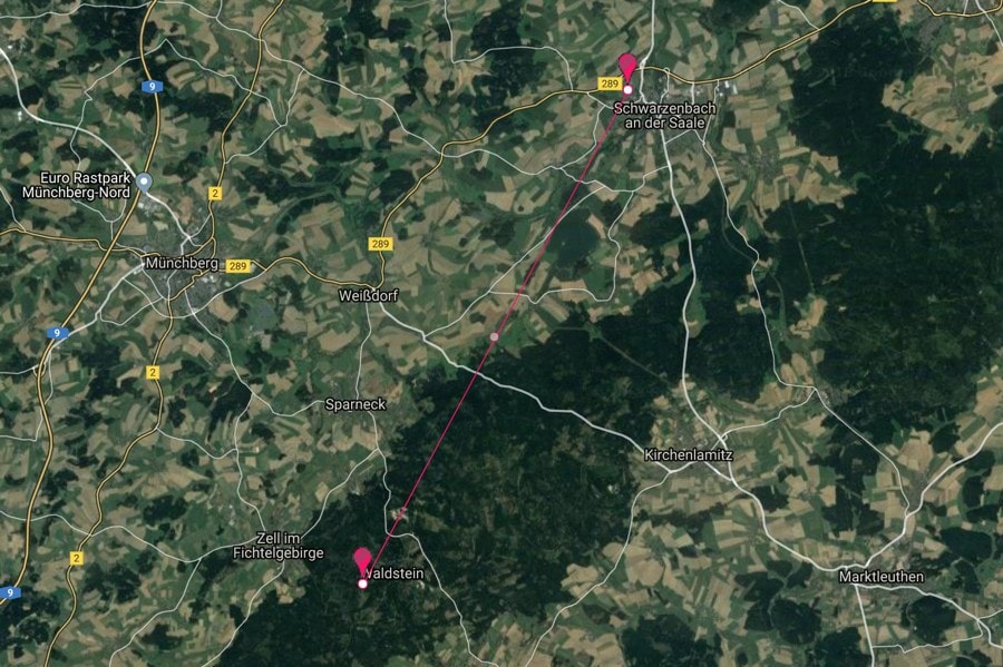 Die Ausrichtung der Kamera von Schwarzenbach/Saale in Richtung Waldstein/Fichtelgebirge