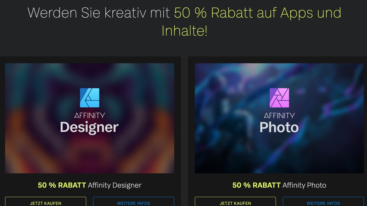 Affinity Photo, Publisher und Designer 50 % günstiger