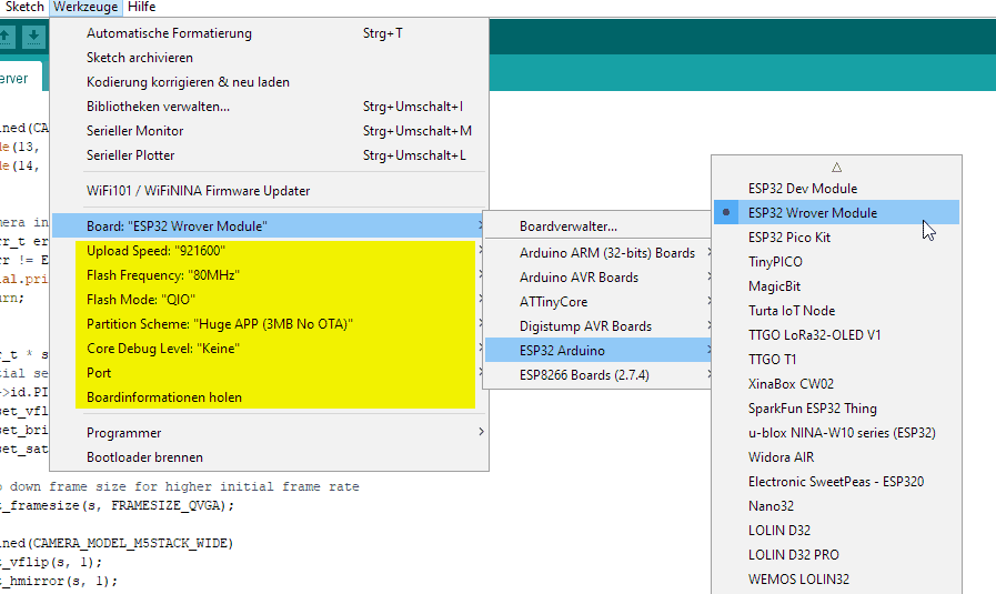 ESP32 Wrover Module auswählen