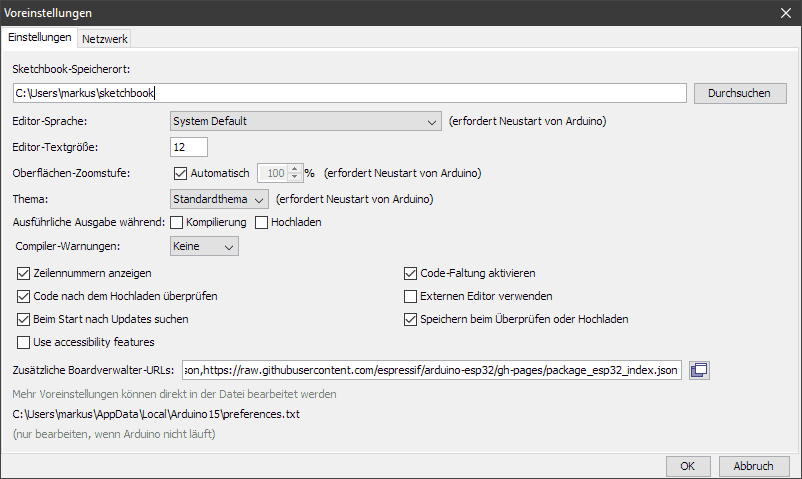 Zusätzliche Board-Verwalter URLs in der Arduino IDE eintragen