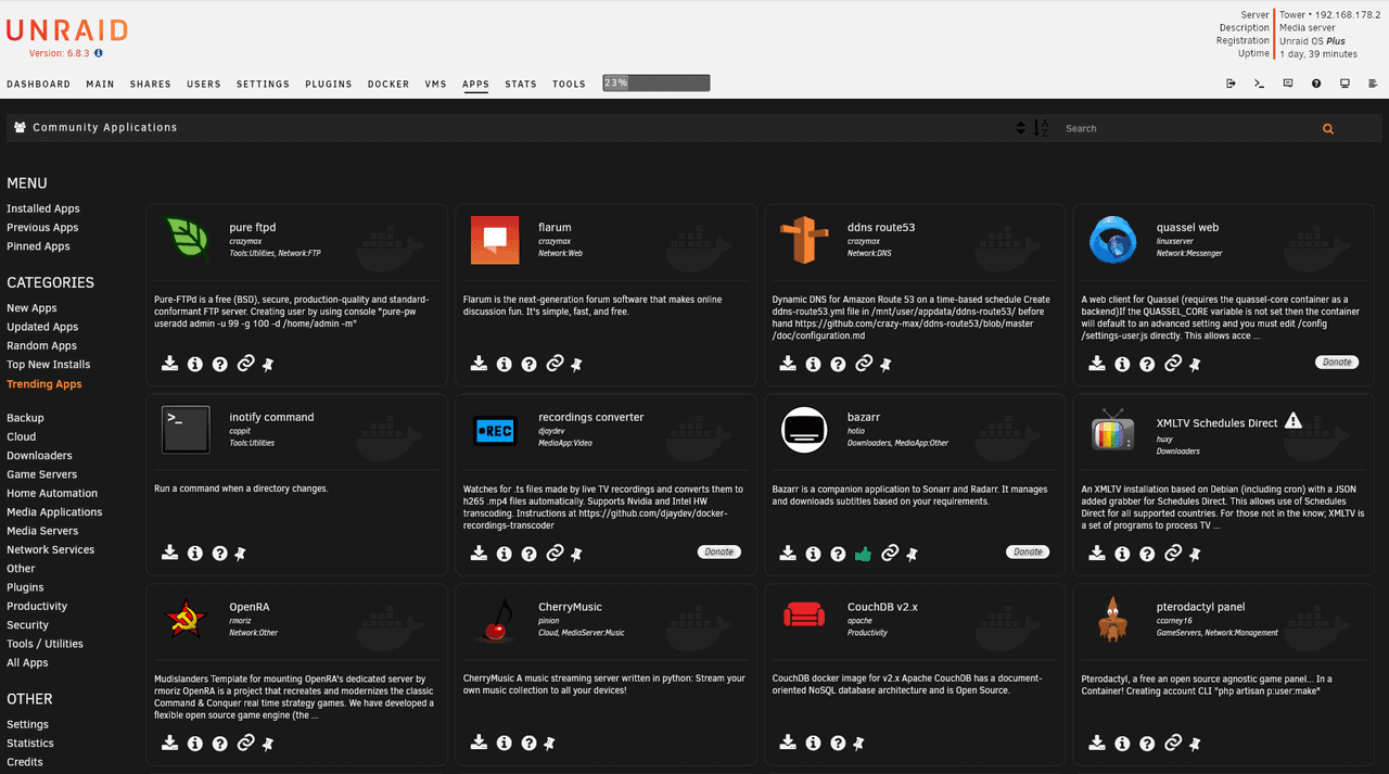 Unzählige fertige Docker Container und Plugins in den Community Applications