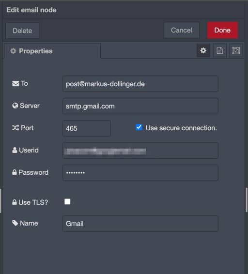Node Red E-Mail mit Gmail versenden
