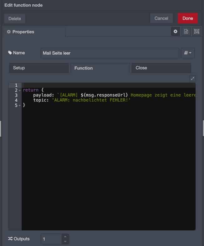 Node Red E-Mail Inhalt definieren