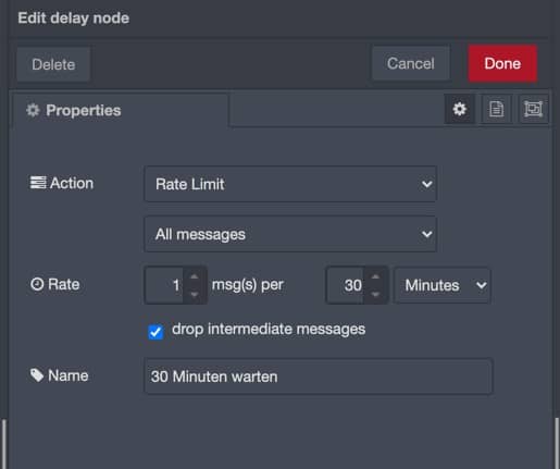 Anzahl der Nachrichten begrenzen Node Red