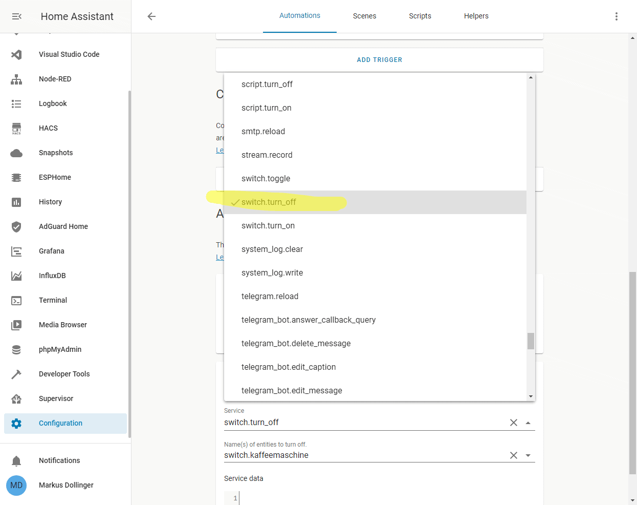 Eine Auswahl an Services in Home Assistant