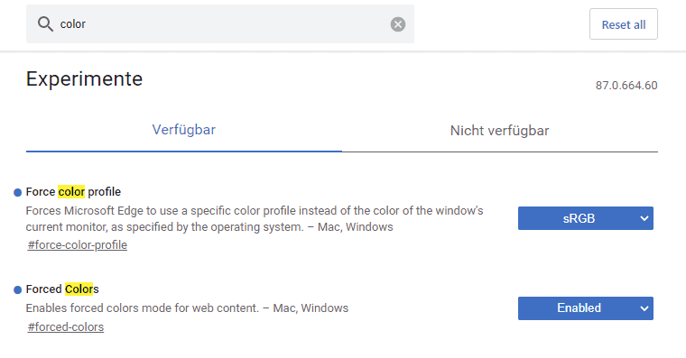 Farbmanagement in Edge mittels Flags