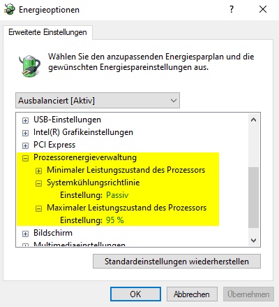 Energiespareinstellungen von Windows mit den Prozessor-Einstellungen