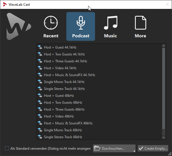 WaveLab Cast Projektvorlagen