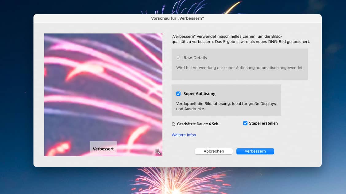 Super Auflösung in Lightroom 10.3 mit Vergleichsansicht
